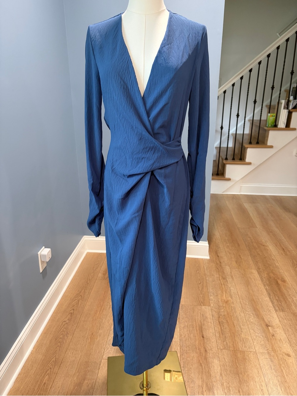 Tyche Blue Long Sleeve Draped Wrap Midi Dress Ruched Waist M